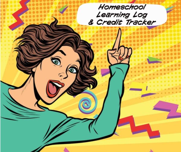 excited woman pointing to homeschool learning log and credit tracker