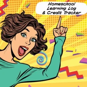 excited woman pointing to homeschool learning log and credit tracker